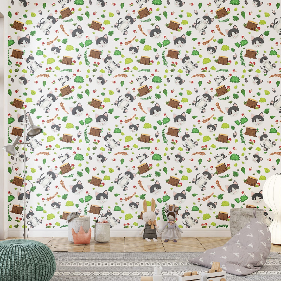 Leafs with Cats Wallpaper For Children's room home decor