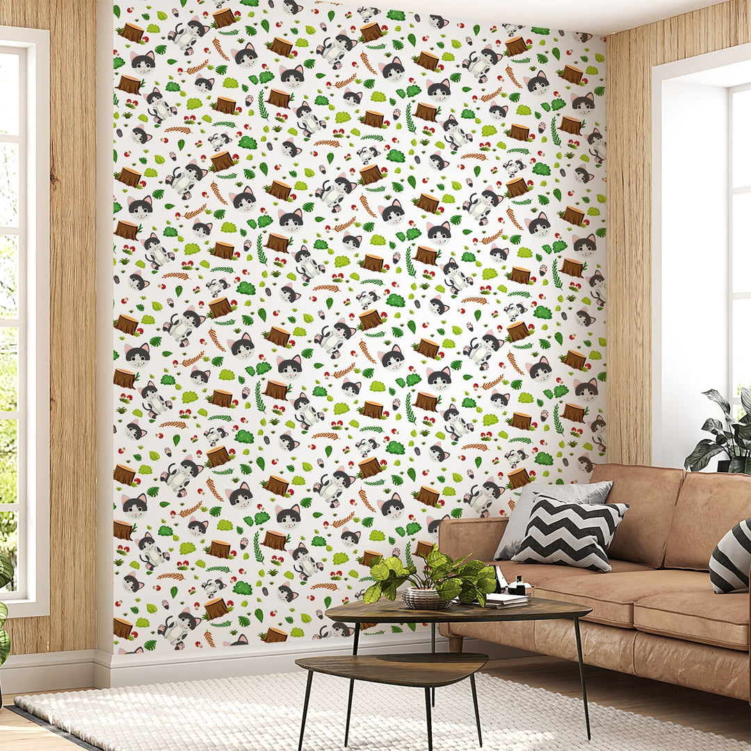 Leafs with Cats Wallpaper For Children's room home decor