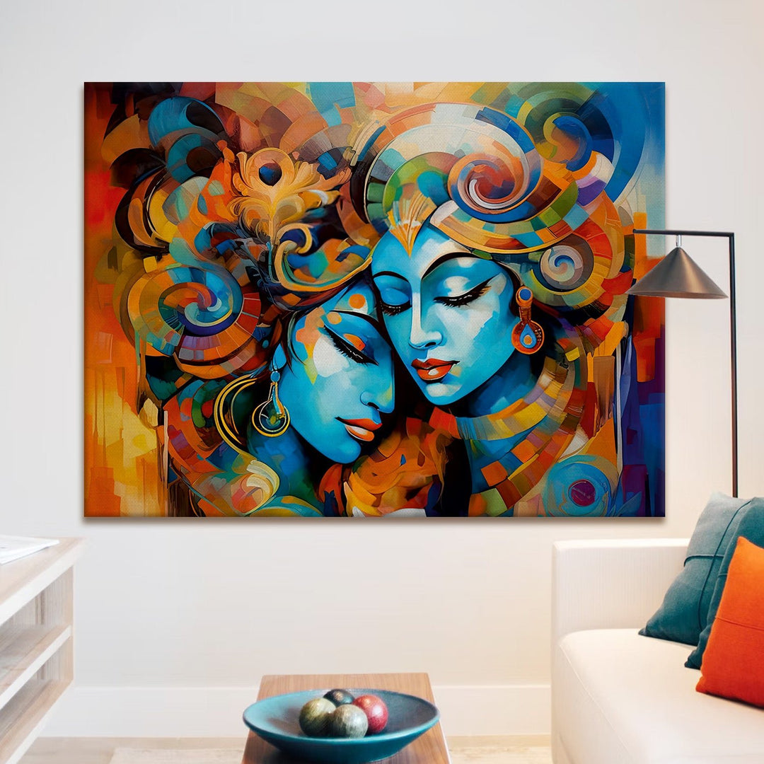 Lord Radha Krishna Divine Large Wall Art - Devotional Artwork Unique Religious Canvas Framed Paintings Modern Art For Living Room Bedroom Office Decor. (RKWA01)