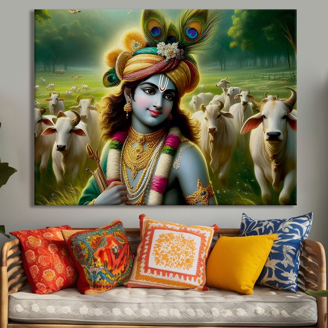 Lord Radha Krishna Divine Large Wall Art - Devotional Artwork Unique Religious Canvas Framed Paintings Modern Art For Living Room Bedroom Office Decor. (RKWA03)