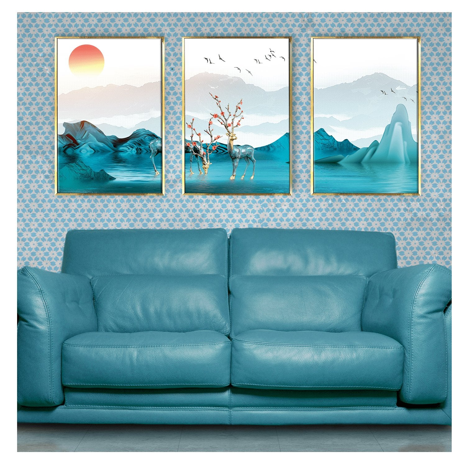 Luxury deer, mountains and flocks of birds Wall art painting for living Room Wall decor