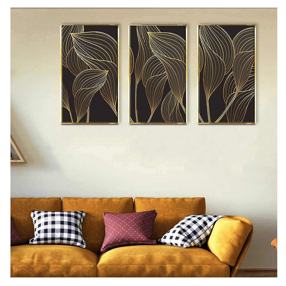 Luxury Gold Leaves Painting Framed For Living Room Wall Decoration (3_Panels)