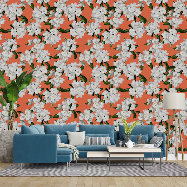 Luxury White Flower orange theme wallpaper for living rooms