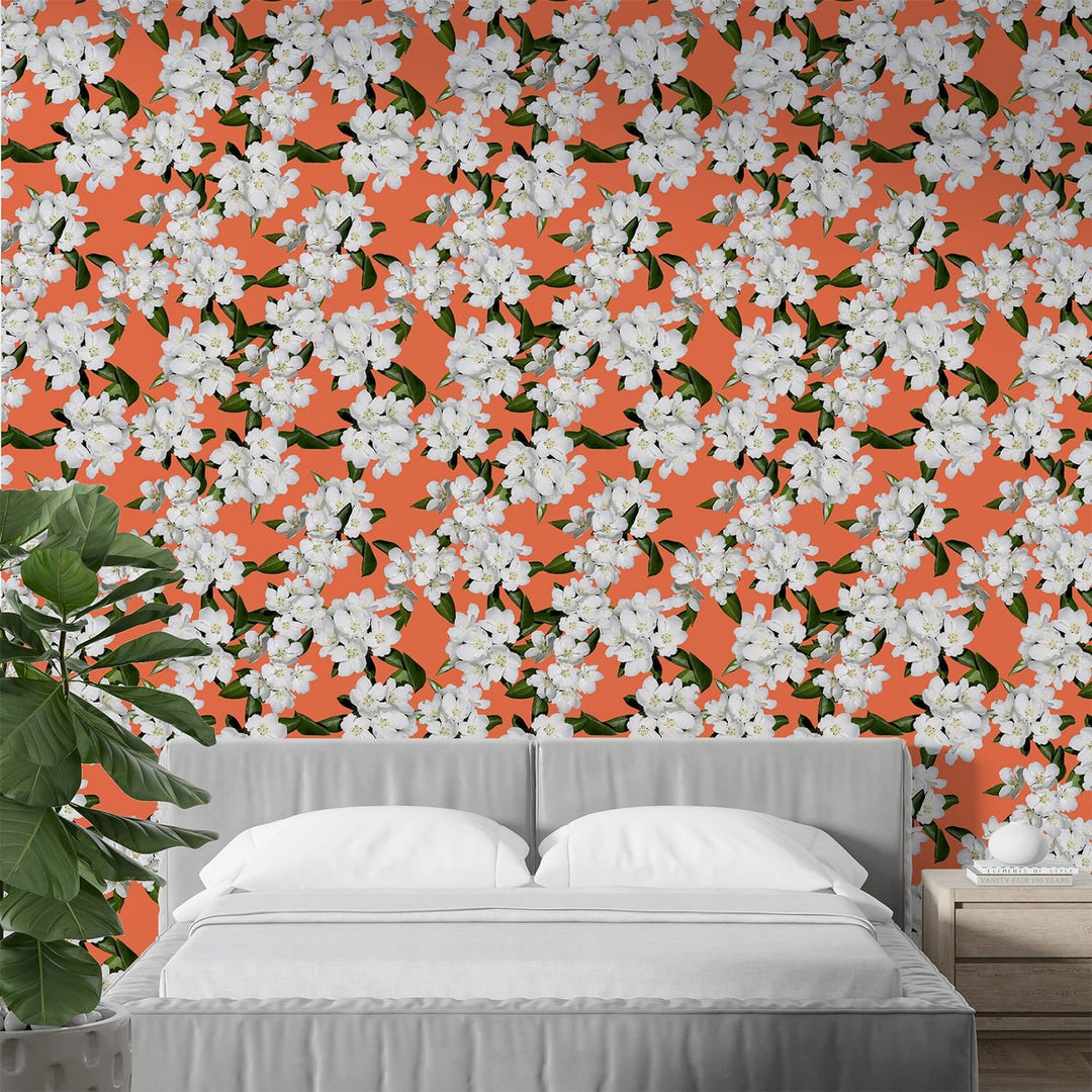 Luxury White Flower orange theme wallpaper for living rooms