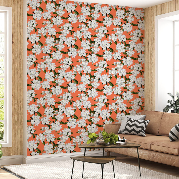 Luxury White Flower orange theme wallpaper for living rooms