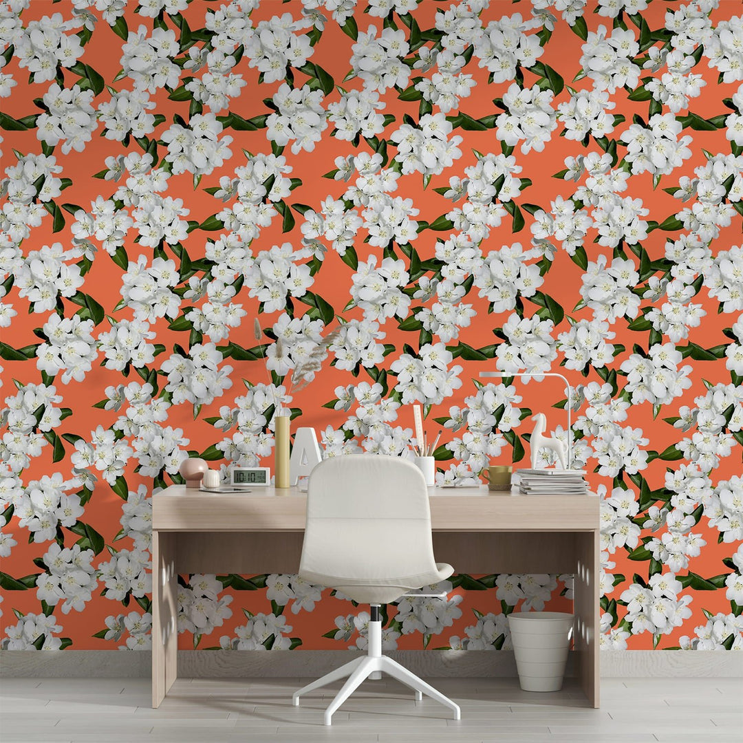 Luxury White Flower orange theme wallpaper for living rooms