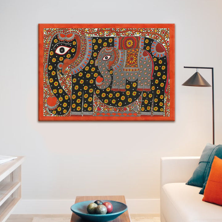 Madhubani Elephant Canvas Painting For Home and Hotels For Wall Decoration