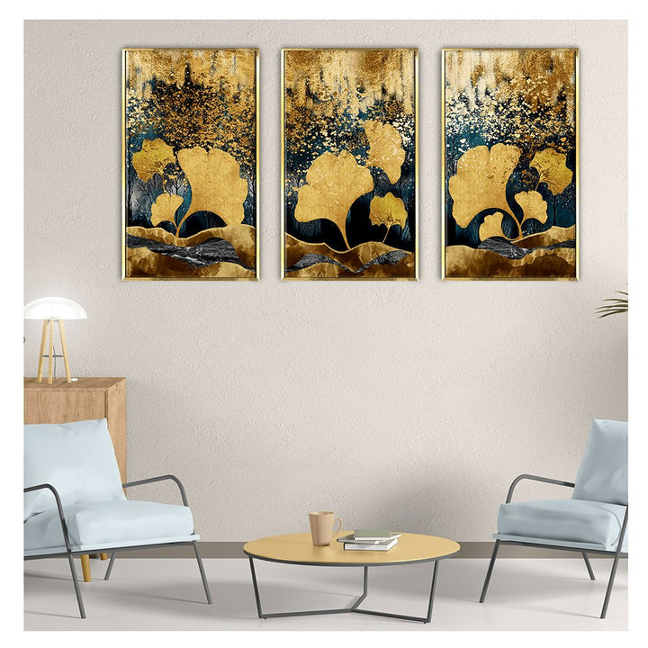 Modern 3D Golden Feathers Ginko leaves wall art Canvas Painting Framed for Home Decor