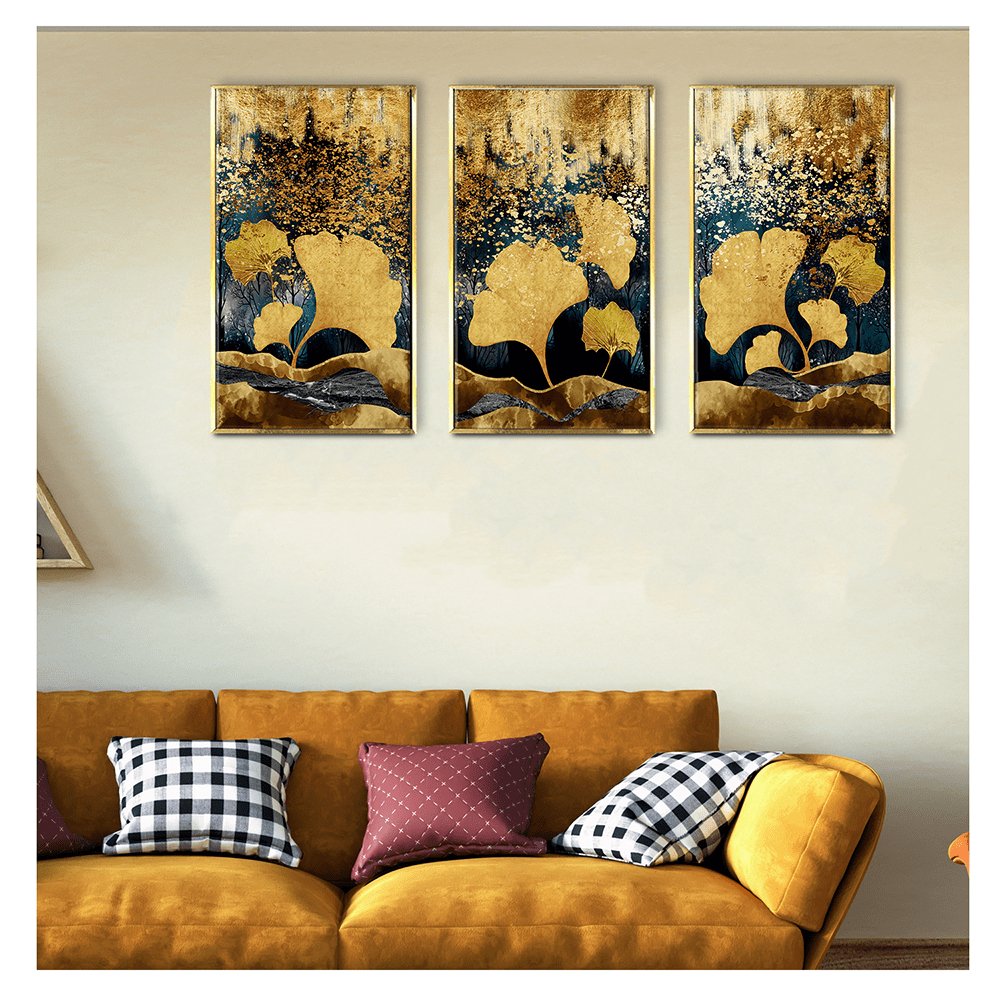 Modern 3D Golden Feathers Ginko leaves wall art Canvas Painting Framed for Home Decor