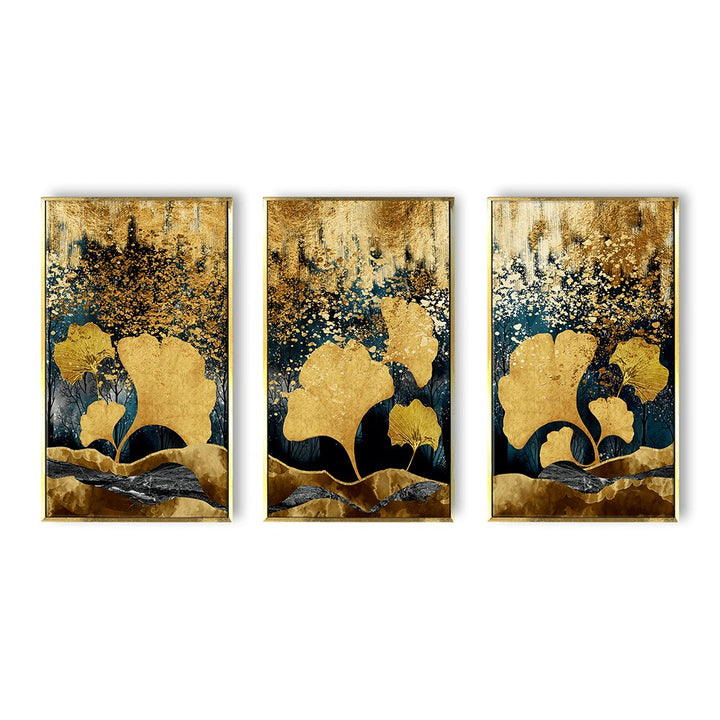 Modern 3D Golden Feathers Ginko leaves wall art Canvas Painting Framed for Home Decor