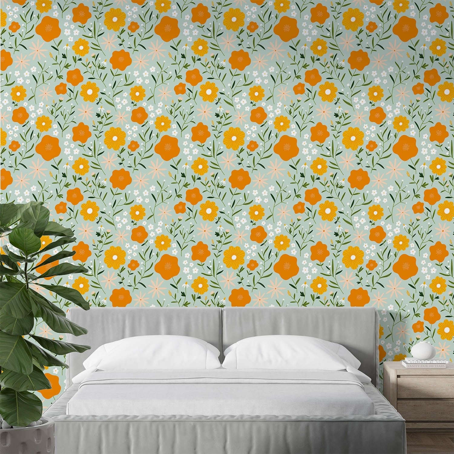 Modern Orange Color Floral wallpaper for living rooms