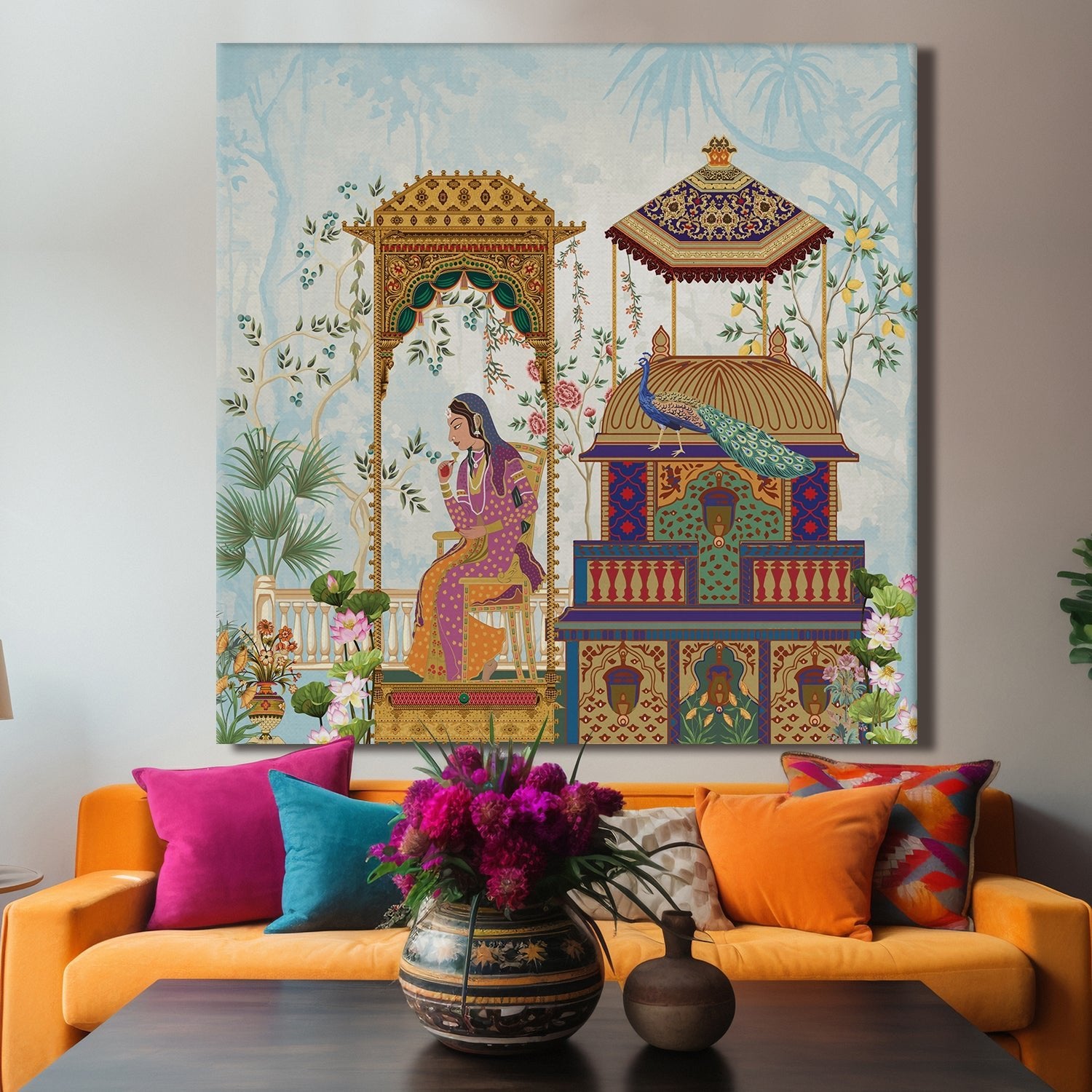 Mughal Indian Traditional Canvas Painting with Large Framed Canvas Wall ...