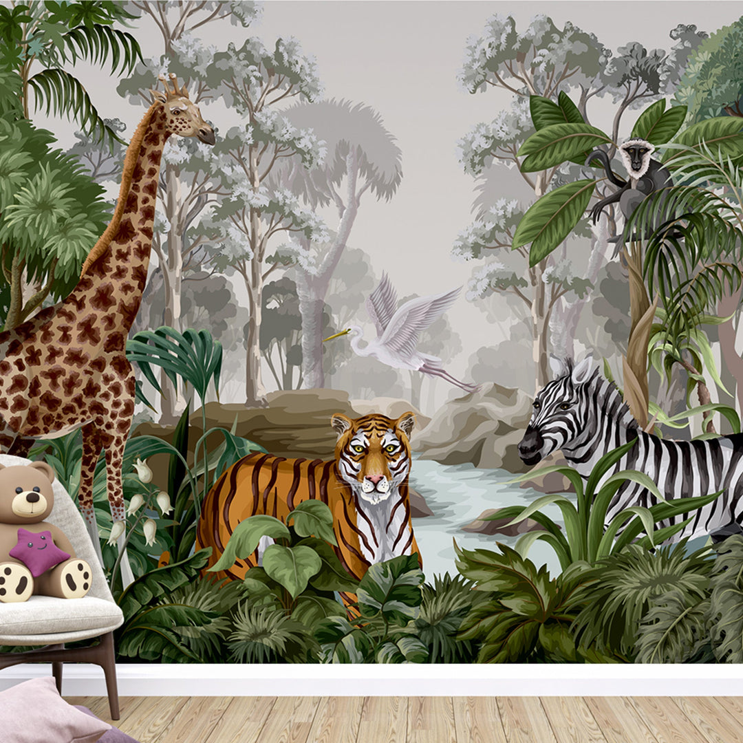 Night jungle landscape with wild animals Wallpaper Murals for kids Room