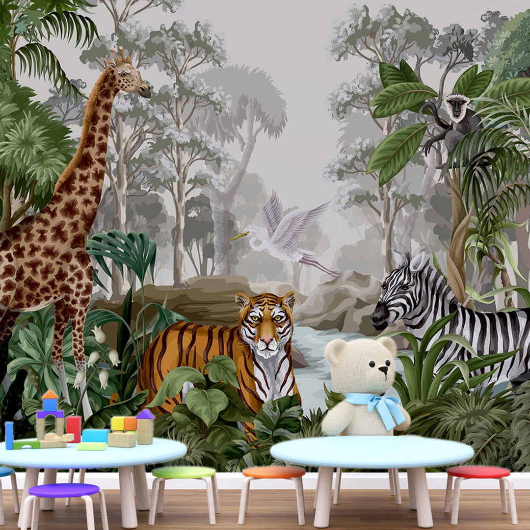 Night jungle landscape with wild animals Wallpaper Murals for kids Room