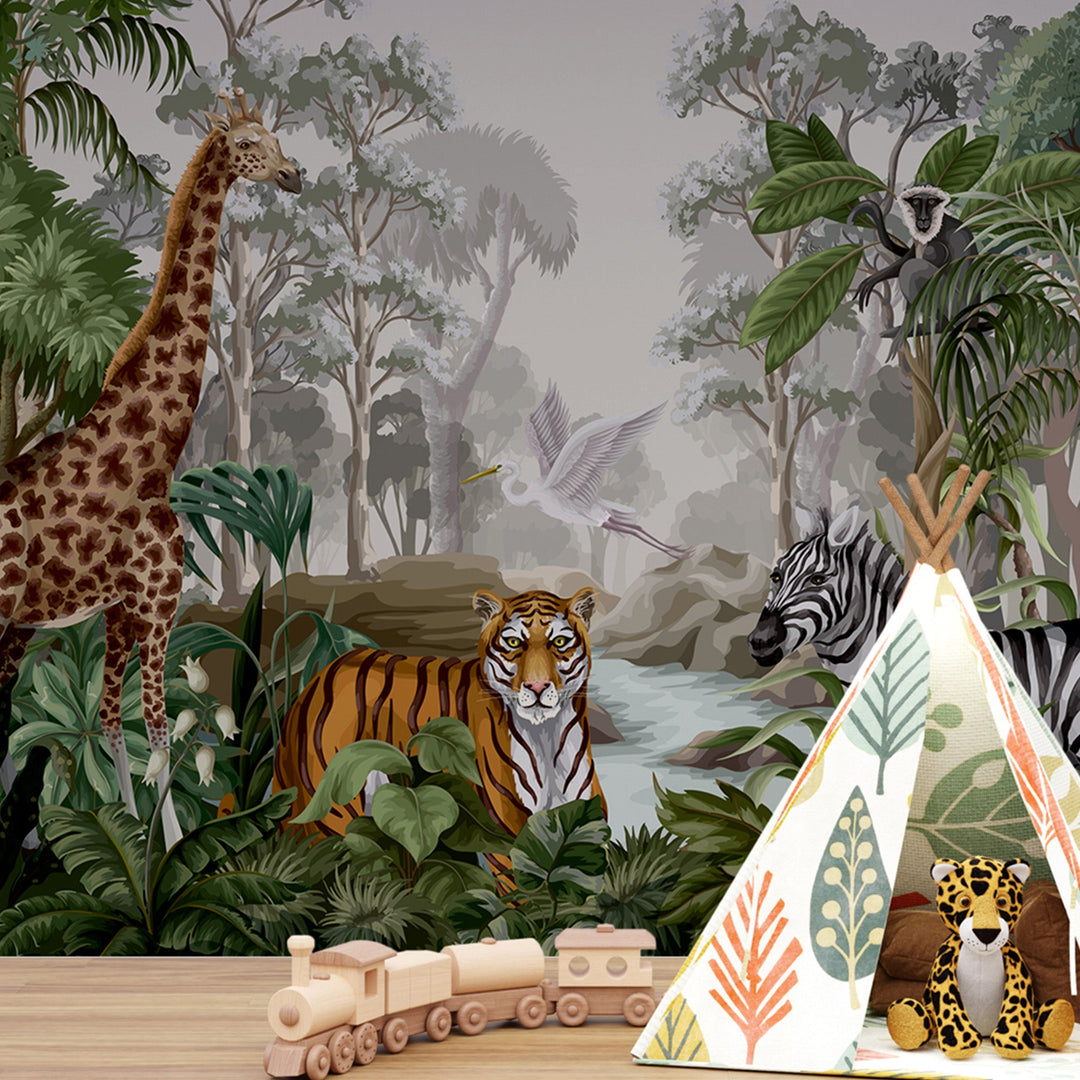 Night jungle landscape with wild animals Wallpaper Murals for kids Room