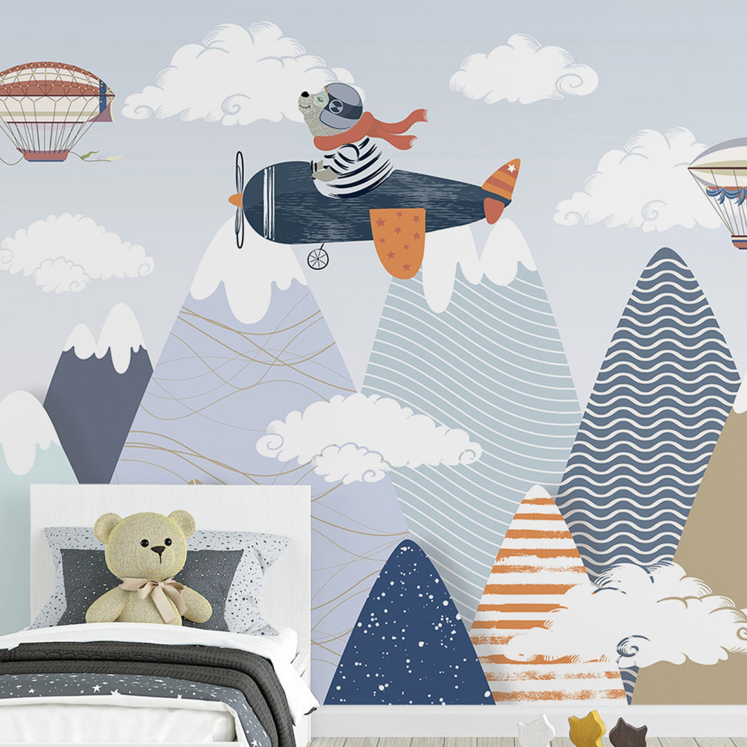 Nursery Landscape Airplanes with Mountain Wall Mural for Kids Room Wall decoration