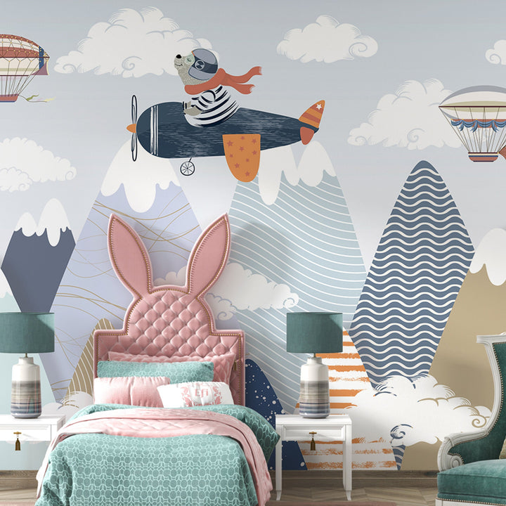 Nursery Landscape Airplanes with Mountain Wall Mural for Kids Room Wall decoration