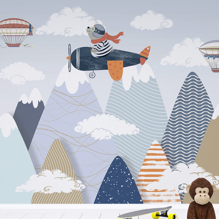 Nursery Landscape Airplanes with Mountain Wall Mural for Kids Room Wall decoration