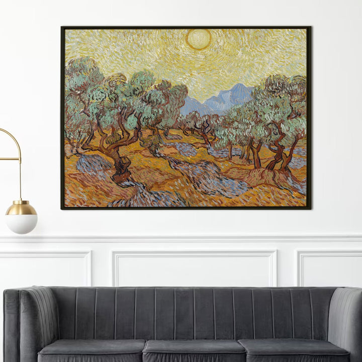 Olive Trees With Yellow Sky and Sun Canvas Print of Vincent Van Gogh Wall Art Paintings Reproduction Field Pictures Artwork for Wall Decor and Home Decorations. (VAWA04).