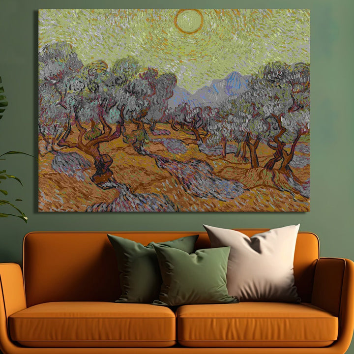 Olive Trees With Yellow Sky and Sun Canvas Print of Vincent Van Gogh Wall Art Paintings Reproduction Field Pictures Artwork for Wall Decor and Home Decorations. (VAWA04).
