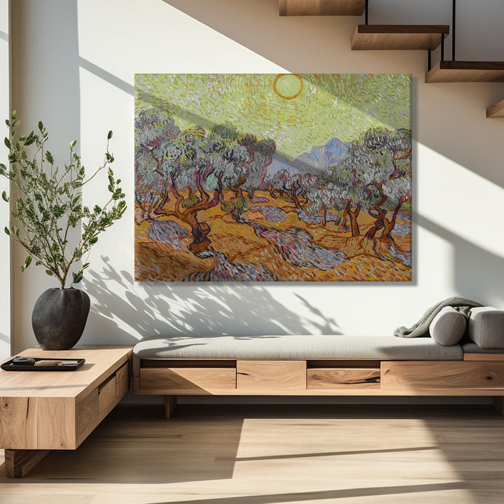 Olive Trees With Yellow Sky and Sun Canvas Print of Vincent Van Gogh Wall Art Paintings Reproduction Field Pictures Artwork for Wall Decor and Home Decorations. (VAWA04).