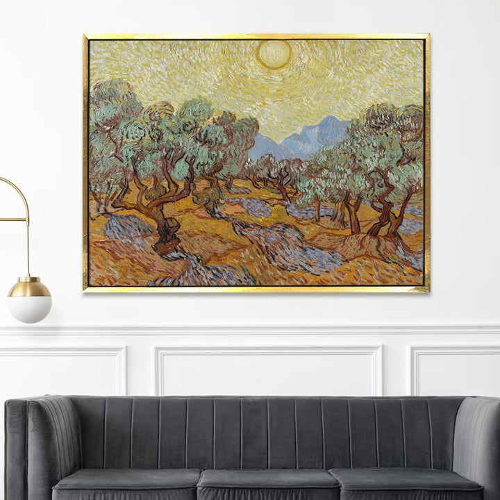 Olive Trees With Yellow Sky and Sun Canvas Print of Vincent Van Gogh Wall Art Paintings Reproduction Field Pictures Artwork for Wall Decor and Home Decorations. (VAWA04).