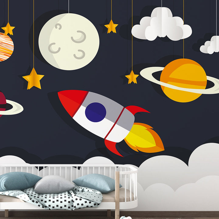 Paper rocket and solar system Wallpaper Mural for kids Room decoration.