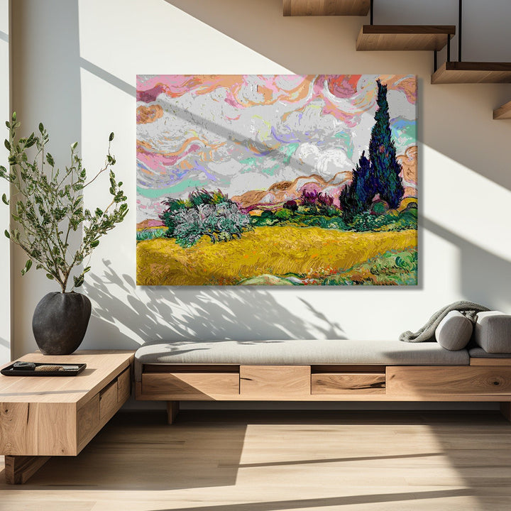 Pastel Wheat Field with Cypresses Canvas Print of Vincent Van Gogh Wall Art Paintings Reproduction Field Pictures Artwork for Home Decor (VAWA06).