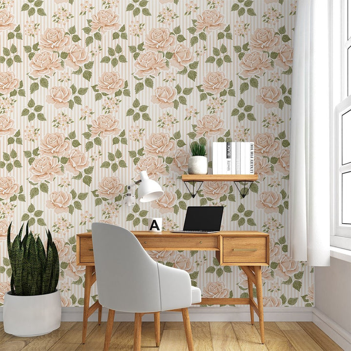 Peach Roses Floral Waterproof Wallpaper for Home and Office Decoration.