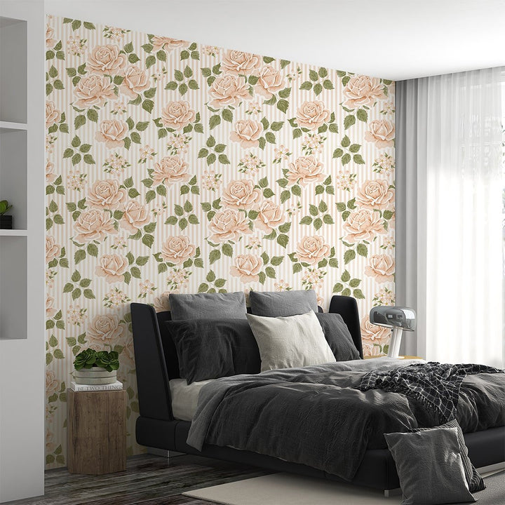 Peach Roses Floral Waterproof Wallpaper for Home and Office Decoration.