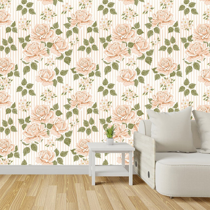 Peach Roses Floral Waterproof Wallpaper for Home and Office Decoration.