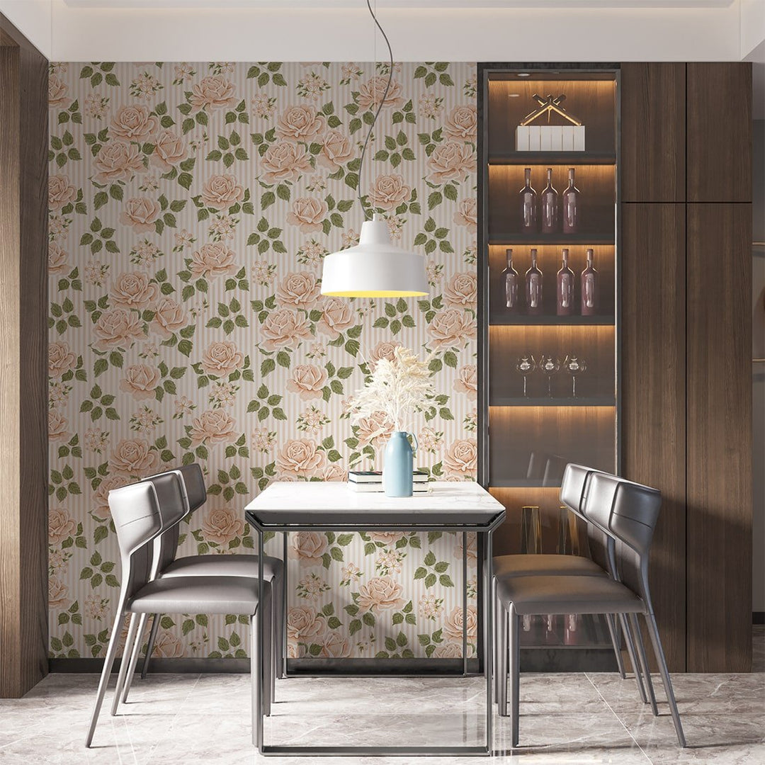 Peach Roses Floral Waterproof Wallpaper for Home and Office Decoration.