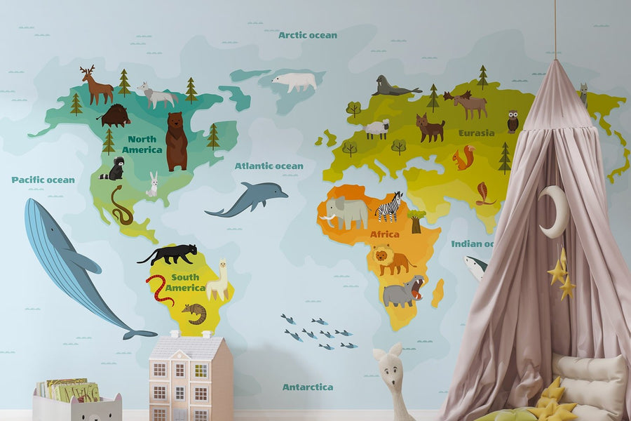 Personalized 3D Animal World Map Wallpaper for an Imaginative Kids Room ...