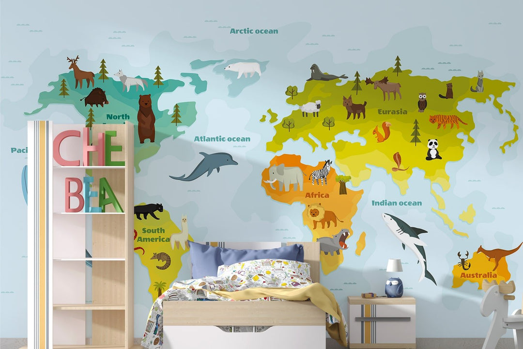 Personalised 3D Animal World Map wallpaper Mural for Kids Room wall Decoration