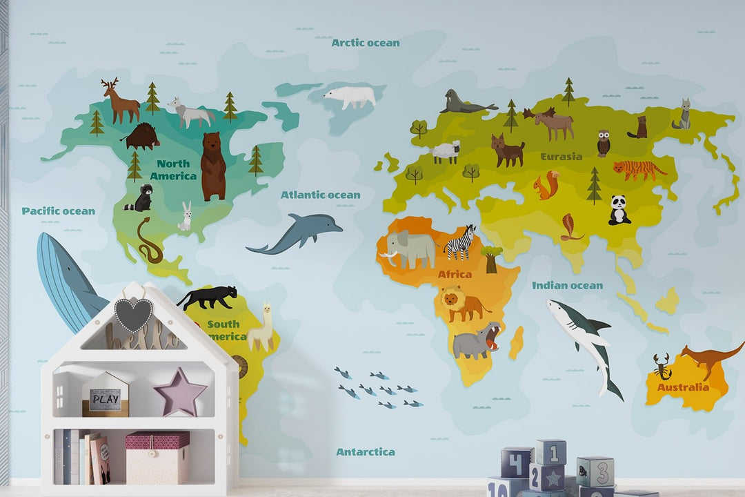 Personalised 3D Animal World Map wallpaper Mural for Kids Room wall Decoration