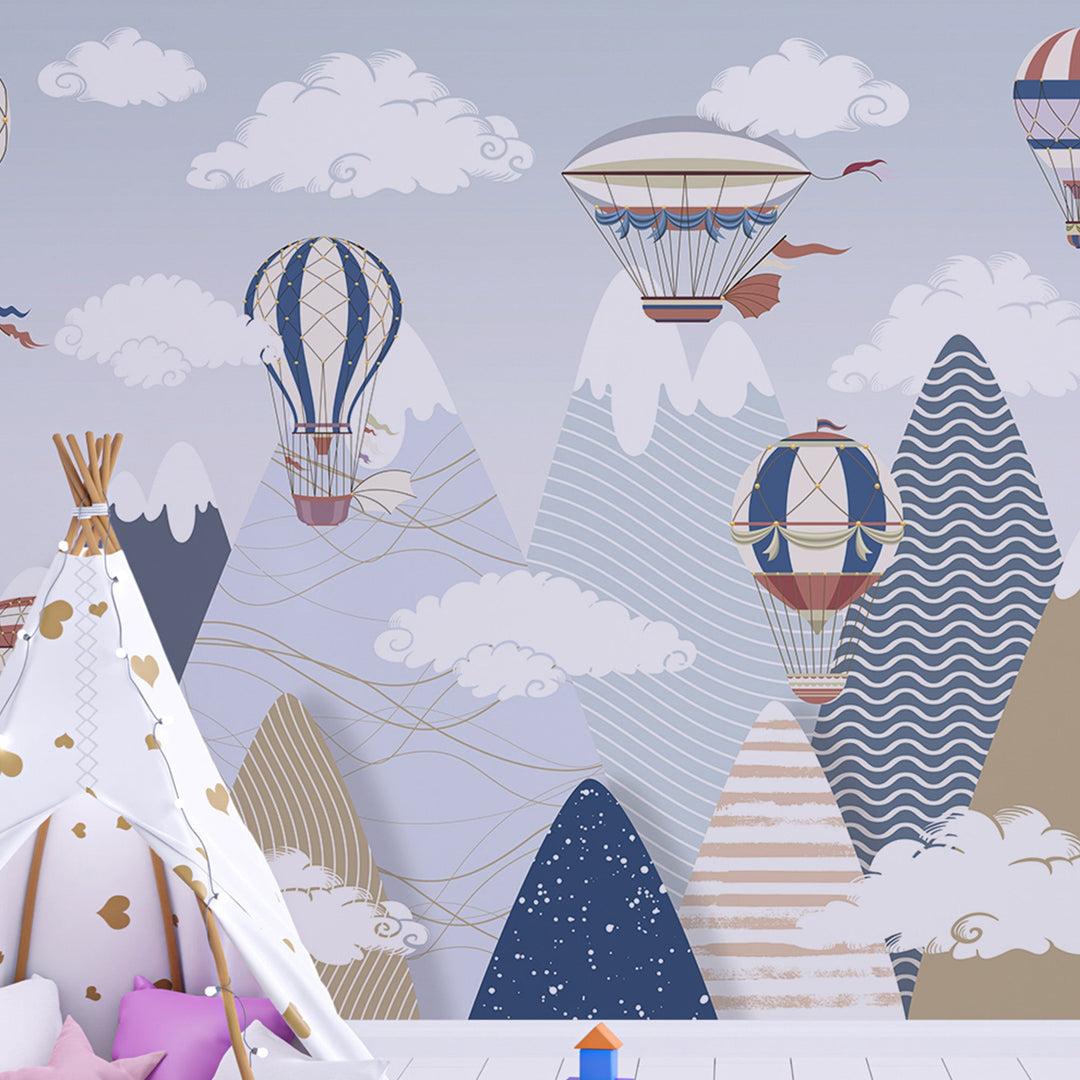 Personalized Charming Mountains and Balloons Wallpaper Mural For Kids Rooms