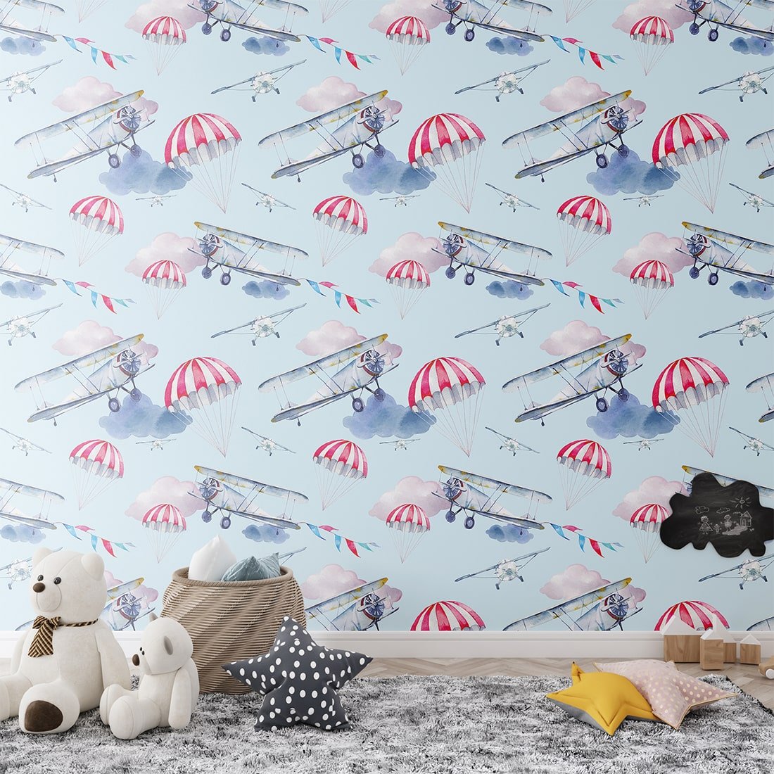Planes and Parachutes Feature Wallpaper For Kids bedroom