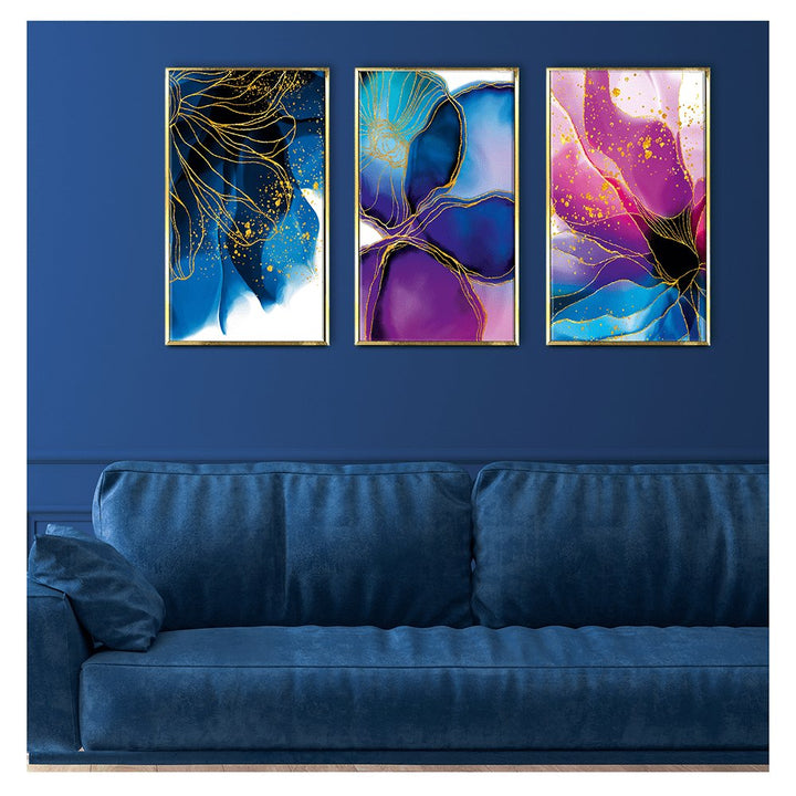 Purple and blue abstract floral Wall Art Canvas Painting Framed For Living Room Wall Decoration