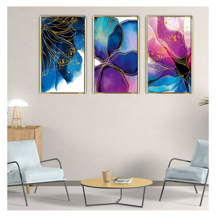 Purple and blue abstract floral Wall Art Canvas Painting Framed For Living Room Wall Decoration