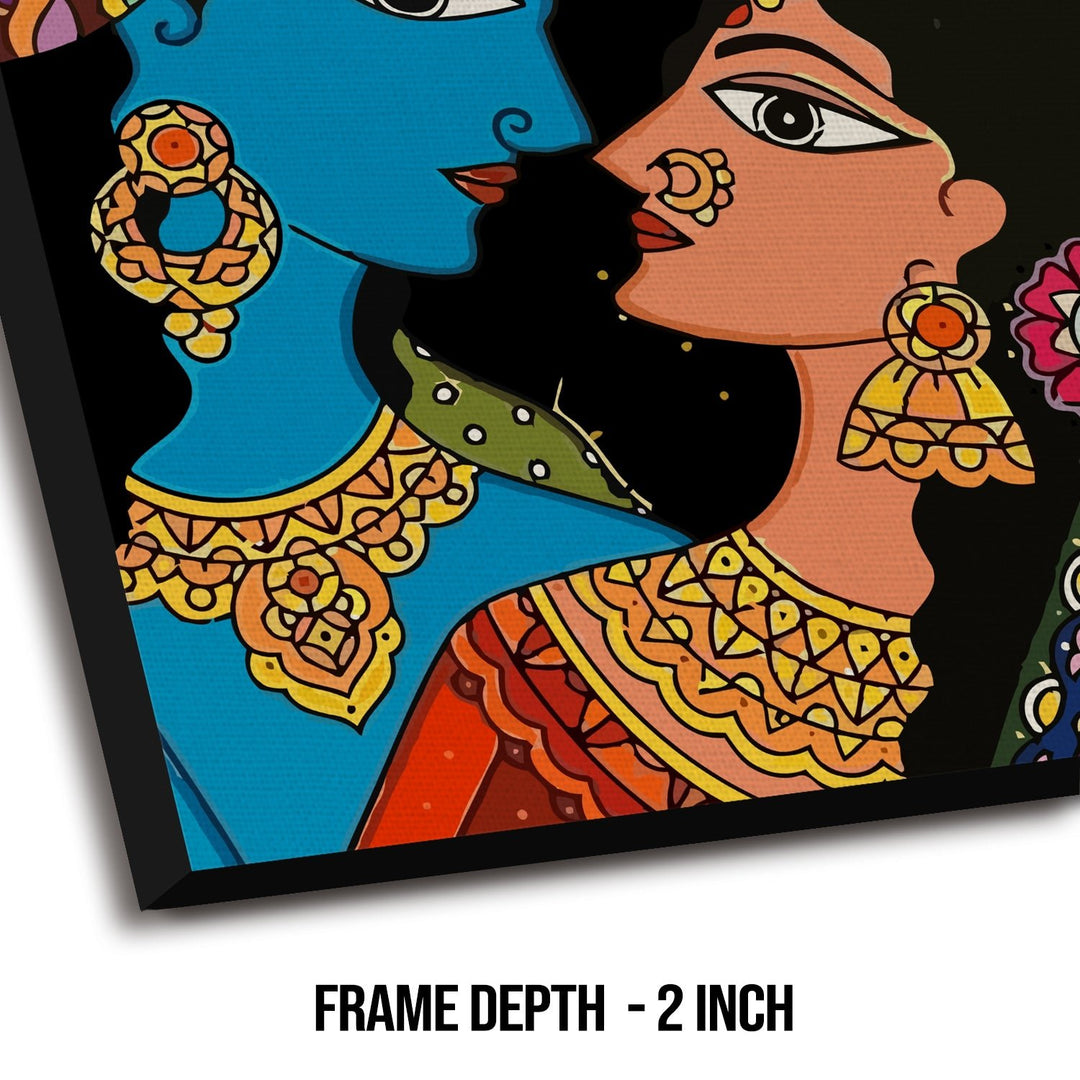 Radha Krishna Madhubani Canvas Painting in Black for Bedroom Wall Decoration