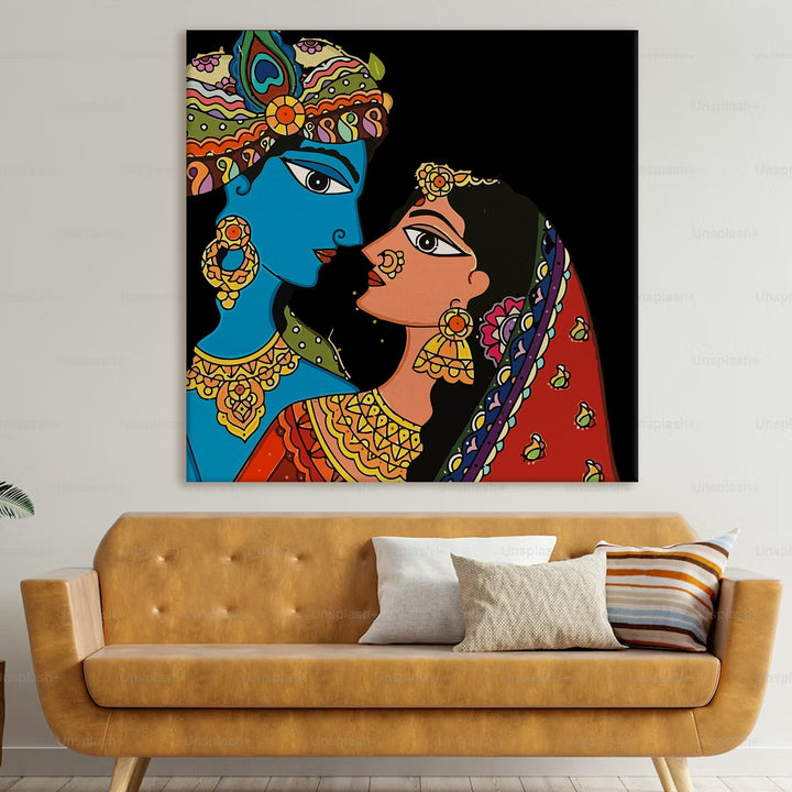 Radha Krishna Madhubani Canvas Painting in Black for Bedroom Wall Decoration