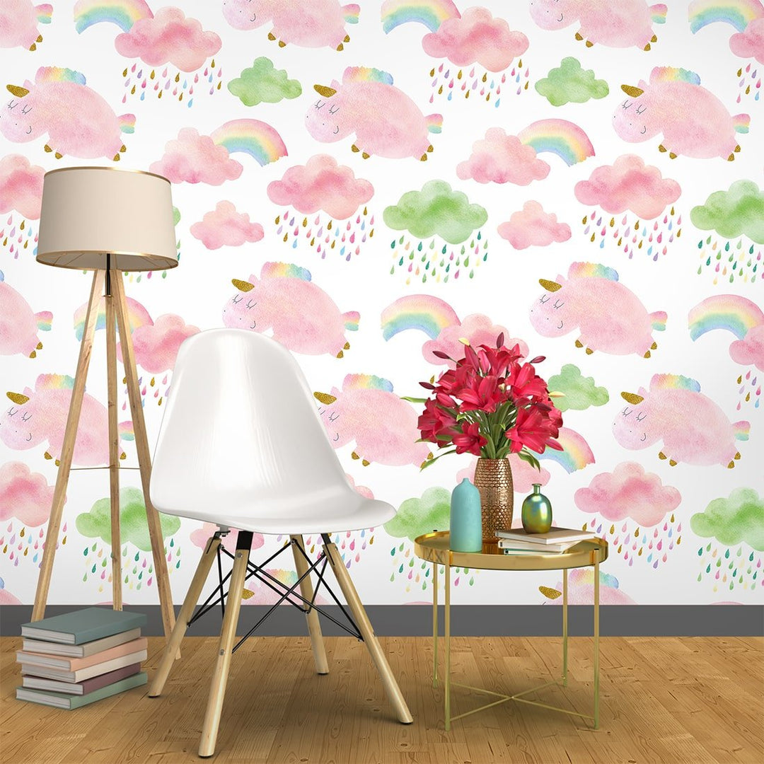 Rainbow and unicorn Luxury Watercolor wallpaper for the living room Wall Decoration