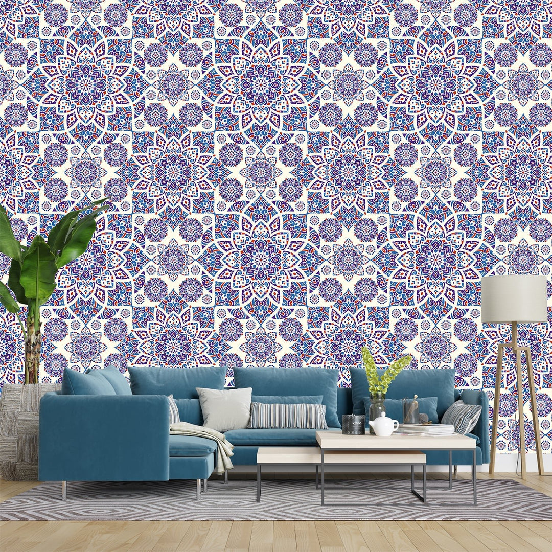 Red and blue Turkish seamless pattern wallpaper For Living Rooms