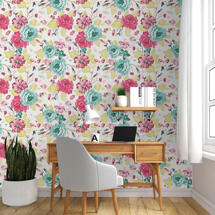 Red and Green Rose floral wallpaper For Children's Rooms decor