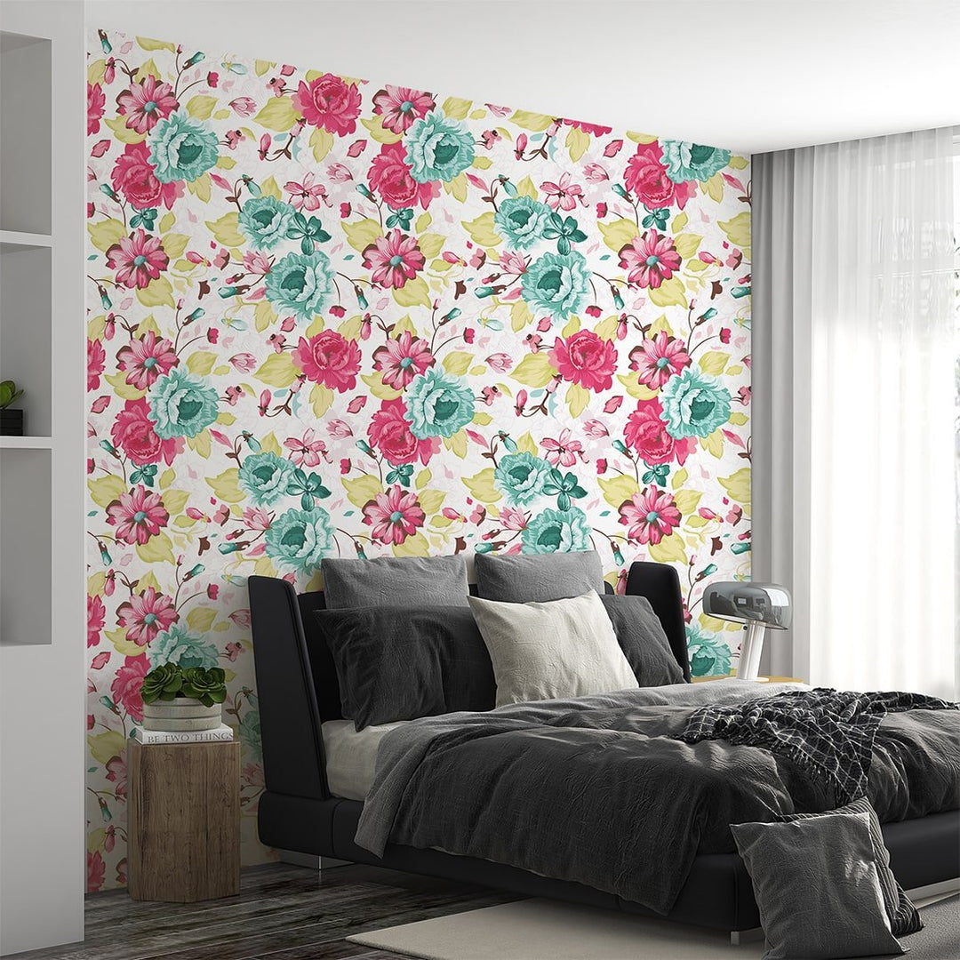 Red and Green Rose floral wallpaper For Children's Rooms decor