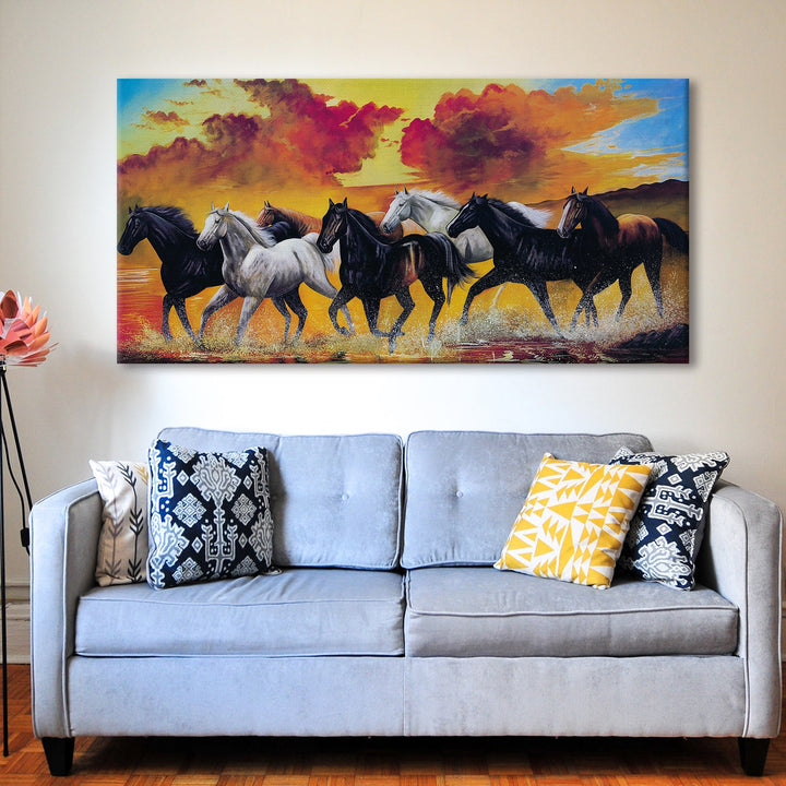 Seven Horses Vastu Canvas Paintings Framed For Living Room Wall Decoration (VAWA01)