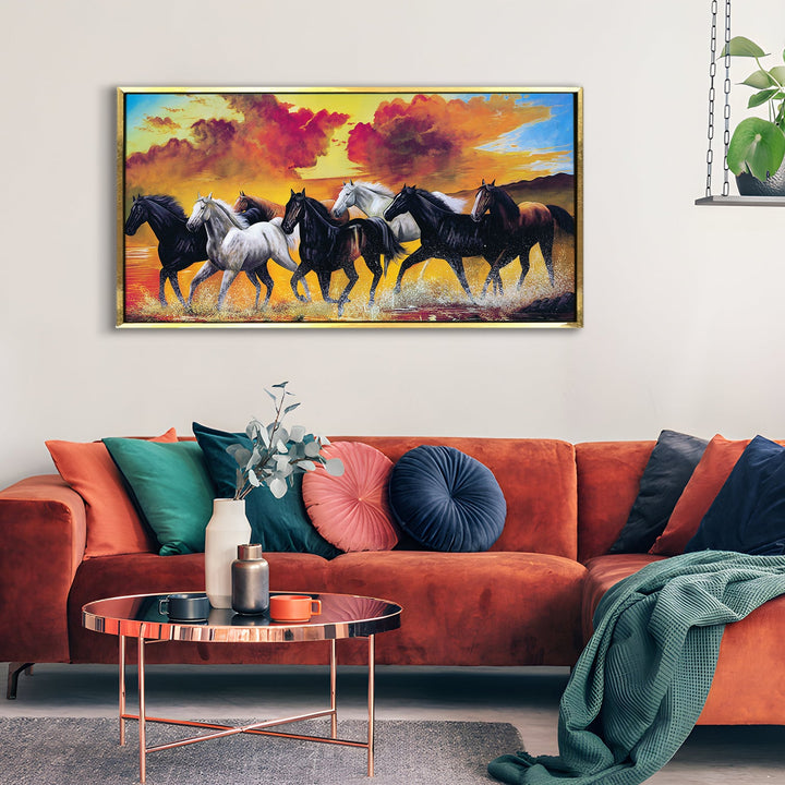 Seven Horses Vastu Canvas Paintings Framed For Living Room Wall Decoration (VAWA01)