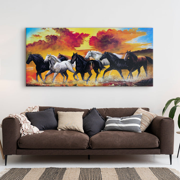 Seven Horses Vastu Canvas Paintings Framed For Living Room Wall Decoration (VAWA01)