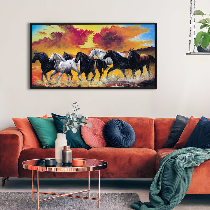 Seven Horses Vastu Canvas Paintings Framed For Living Room Wall Decoration (VAWA01)