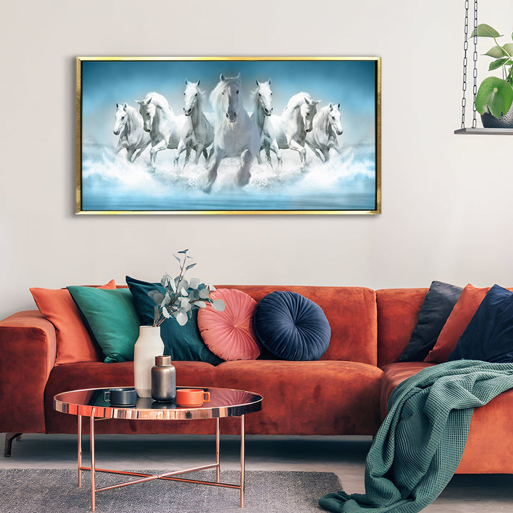 Seven Running Horses Vastu Canvas Paintings Framed For Living Room Wall Decoration (VAWA05)